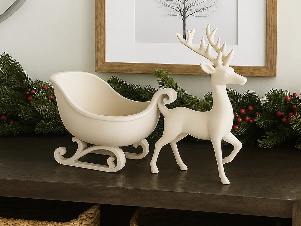 Reindeer & Sleigh Holiday Catchall — example colour. Includes: One finished item supplied; display accessories are excluded. Approximate dimensions (Width × Depth × Height): 1 supplied: 181.3 × 75.1 × 124.9 mm.