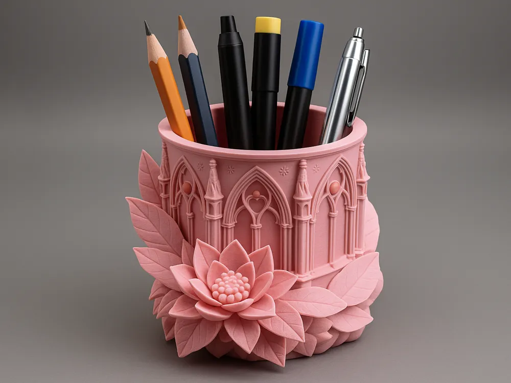 Gothic Lotus Pen & Brush Holder — example colour. Includes: One finished item supplied; display accessories are excluded. Approximate dimensions (Width × Depth × Height): 1 supplied: 108 × 107.9 × 101.6 mm.