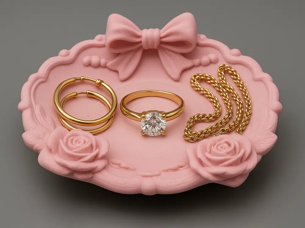 Ribbon Bow & Twin Rose Jewellery Dish — example colour. Includes: One finished item supplied; display accessories are excluded. Approximate dimensions (Width × Depth × Height): 1 supplied: 127.1 × 127 × 39.3 mm.