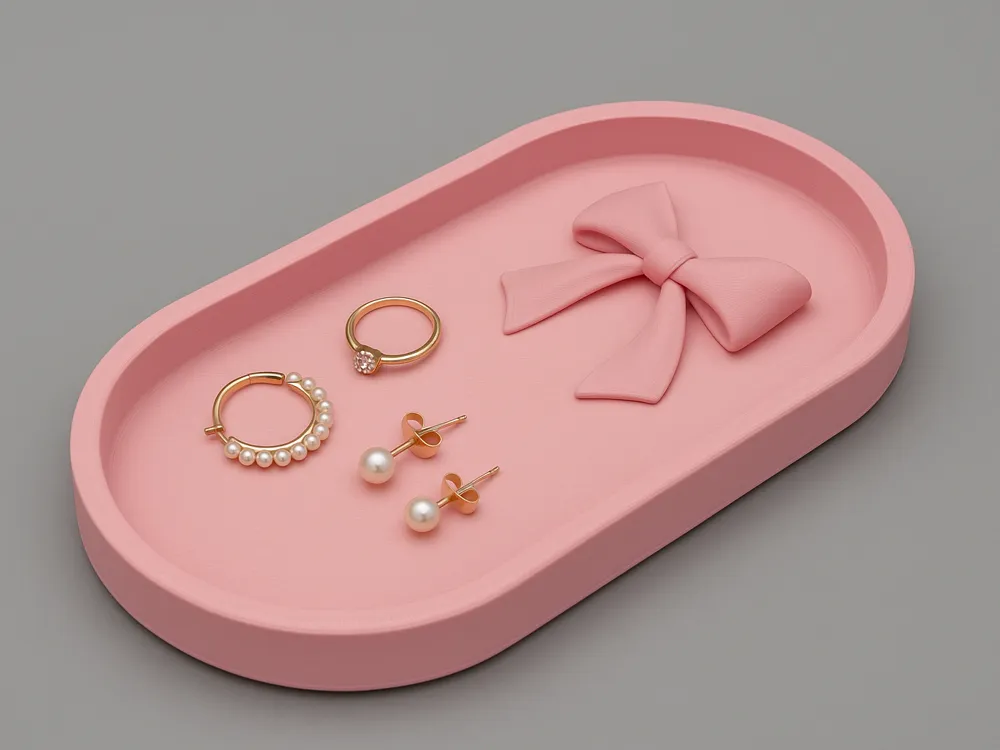 Sculpted Bow Oval Jewellery Tray — example colour. Includes: One finished item supplied; display accessories are excluded. Approximate dimensions (Width × Depth × Height): 1 supplied: 177.8 × 96.6 × 23.6 mm.