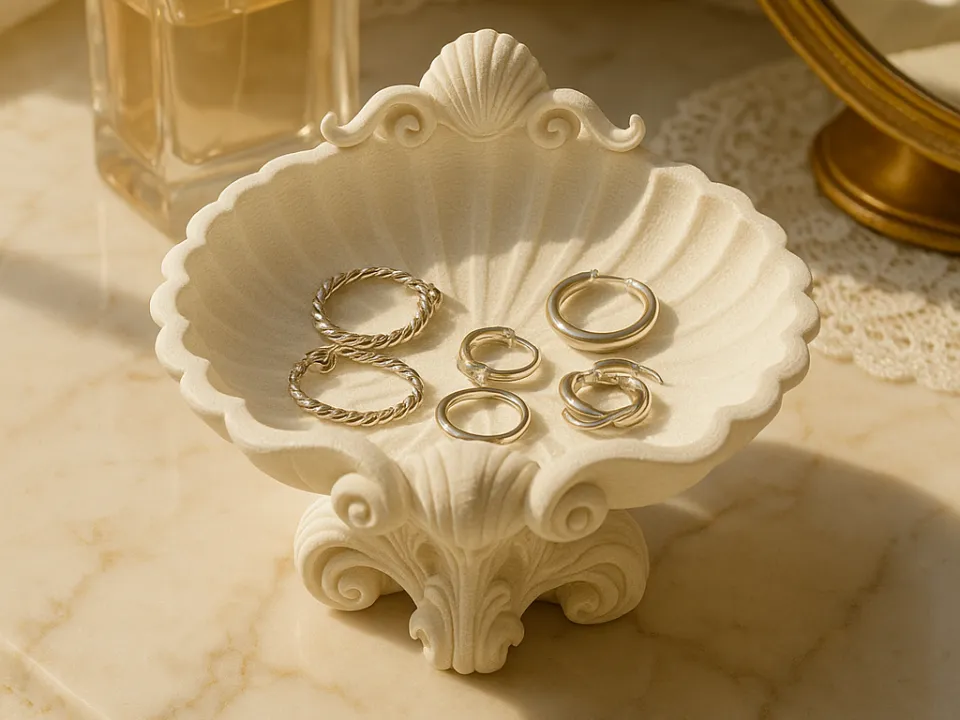 Ornate Coastal Shell Jewellery Dish — example colour. Includes: One finished item supplied; display accessories are excluded. Approximate dimensions (Width × Depth × Height): 1 supplied: 102.1 × 102 × 76.2 mm.