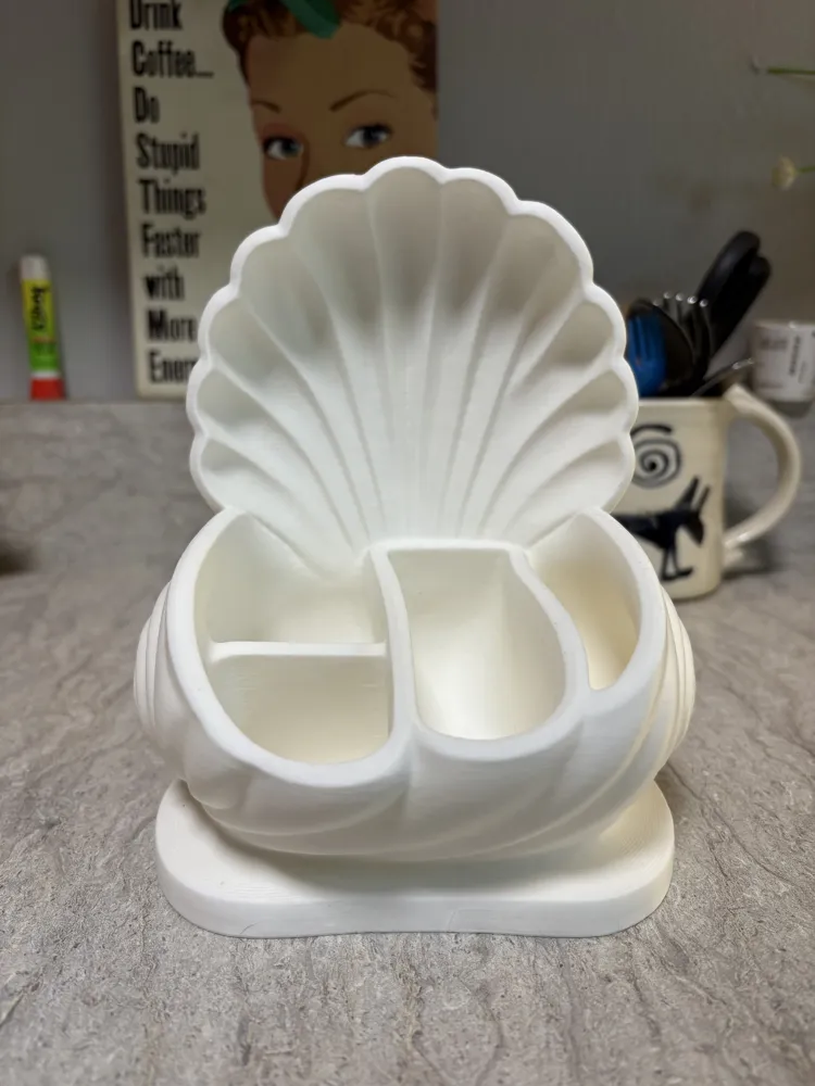 Coastal Shell Stationery Organiser — example colour. Includes: One finished item supplied; display accessories are excluded. Approximate dimensions (Width × Depth × Height): 1 supplied: 145.8 × 124.8 × 177.4 mm.
