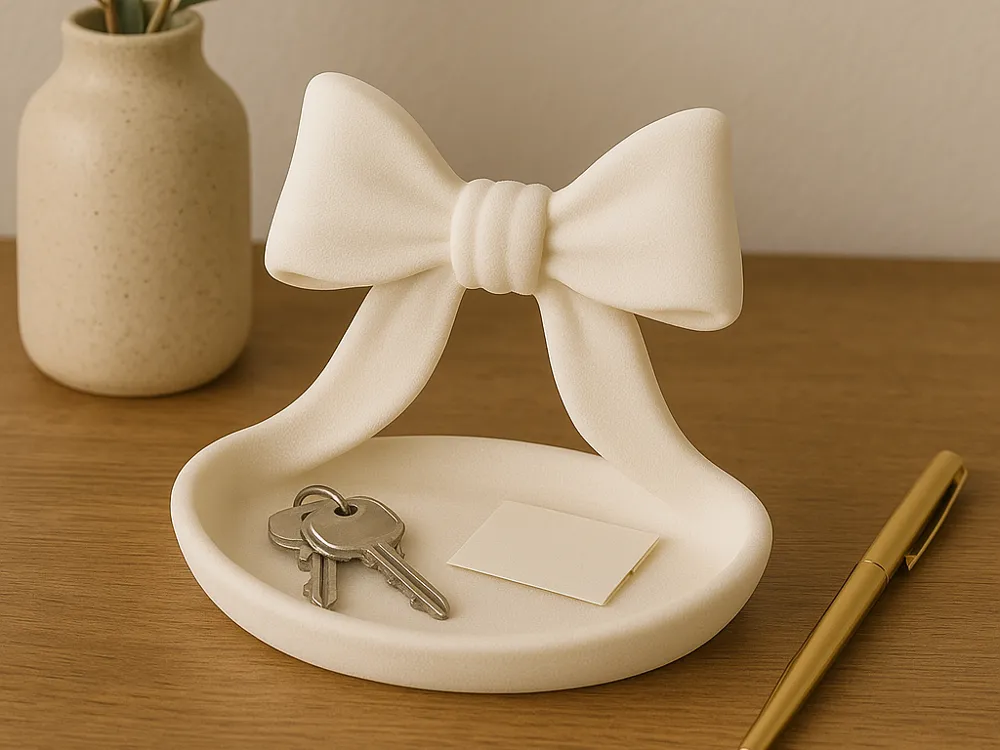 Sculptural Ribbon Bow Catchall Dish — example colour. Includes: One finished item supplied; display accessories are excluded. Approximate dimensions (Width × Depth × Height): 1 supplied: 124.1 × 118.3 × 101.6 mm.