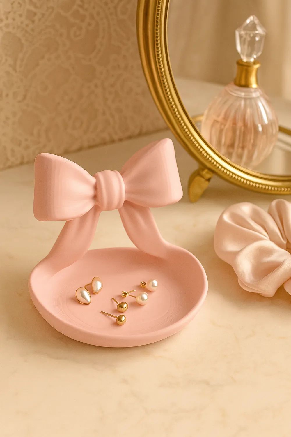 Sculptural Ribbon Bow Catchall Dish — example colour. Includes: One finished item supplied; display accessories are excluded. Approximate dimensions (Width × Depth × Height): 1 supplied: 124.1 × 118.3 × 101.6 mm.