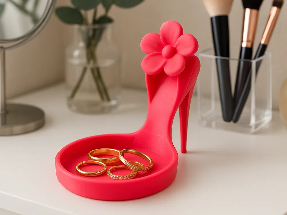 High Heel & Flower Jewellery Tray — example colour. Includes: One finished item supplied; display accessories are excluded. Approximate dimensions (Width × Depth × Height): 1 supplied: 131 × 89.5 × 100.1 mm.