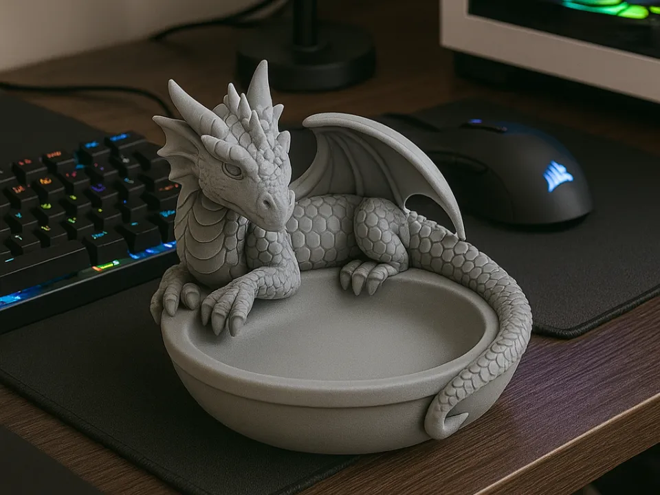 Coiled Dragon Fantasy Catchall Tray — example colour. Includes: One finished item supplied; display accessories are excluded. Approximate dimensions (Width × Depth × Height): 1 supplied: 134.4 × 129.9 × 101.6 mm.