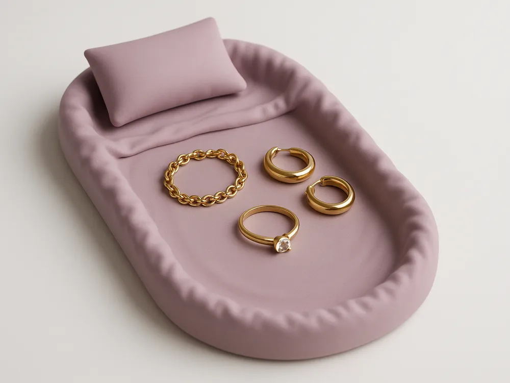 Mini Bed & Pillow Jewellery Tray — example colour. Includes: One finished item supplied; display accessories are excluded. Approximate dimensions (Width × Depth × Height): 1 supplied: 152.4 × 83.9 × 21.3 mm.