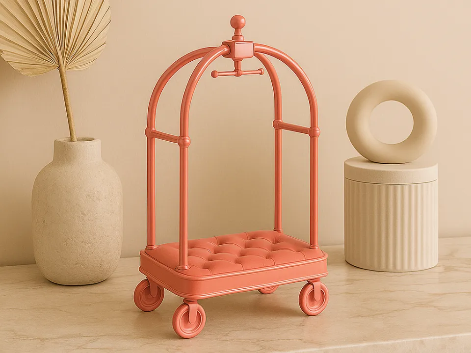 Mini Hotel Luggage Cart Valet Tray — example colour. Includes: One finished item supplied; display accessories are excluded. Approximate dimensions (Width × Depth × Height): 1 supplied: 102.7 × 68.8 × 177.8 mm.