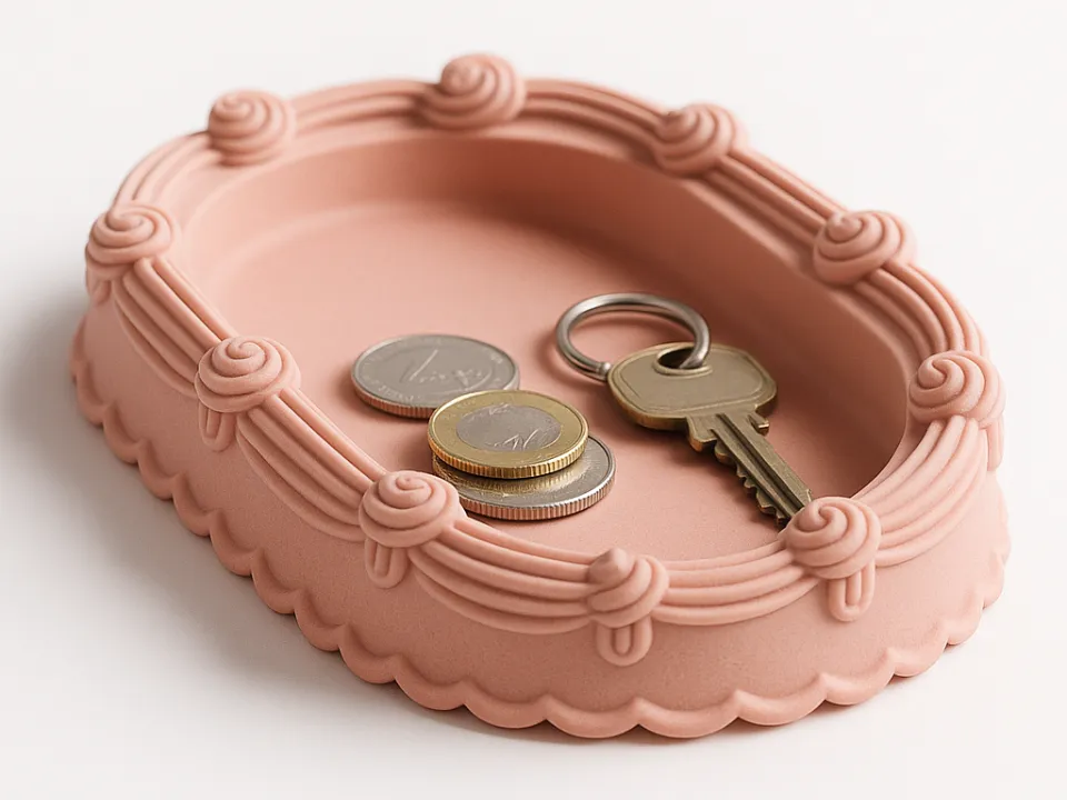 Vintage Icing & Rosette Catchall Tray — example colour. Includes: One finished item supplied; display accessories are excluded. Approximate dimensions (Width × Depth × Height): 1 supplied: 152.4 × 101.6 × 23.9 mm.
