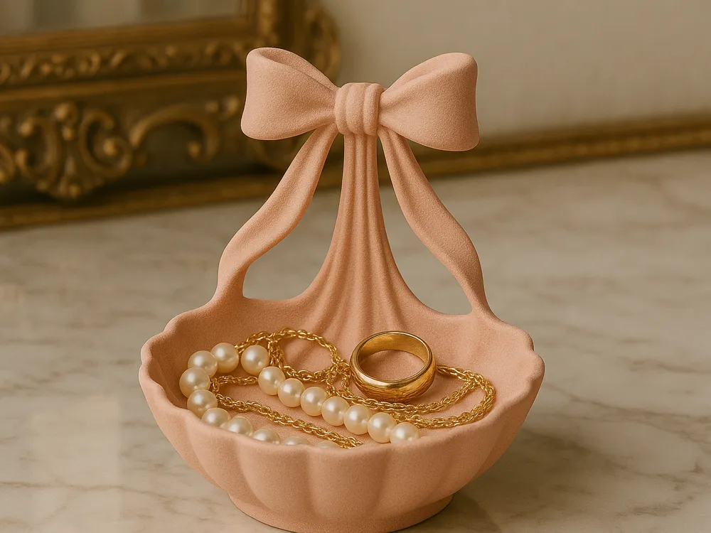 Draping Bow Jewellery Catchall Tray — example colour. Includes: One finished item supplied; display accessories are excluded. Approximate dimensions (Width × Depth × Height): 1 supplied: 110 × 109.7 × 127 mm.