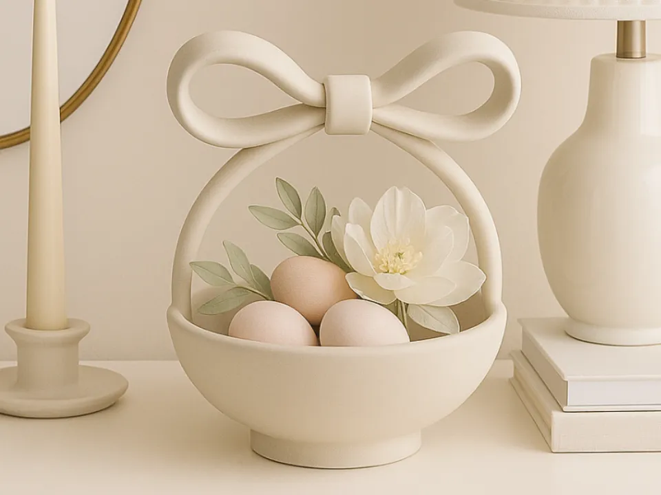 Bow Handle Rounded Catchall Bowl — example colour. Includes: One finished item supplied; display accessories are excluded. Approximate dimensions (Width × Depth × Height): 1 supplied: 127 × 126.5 × 166.4 mm.