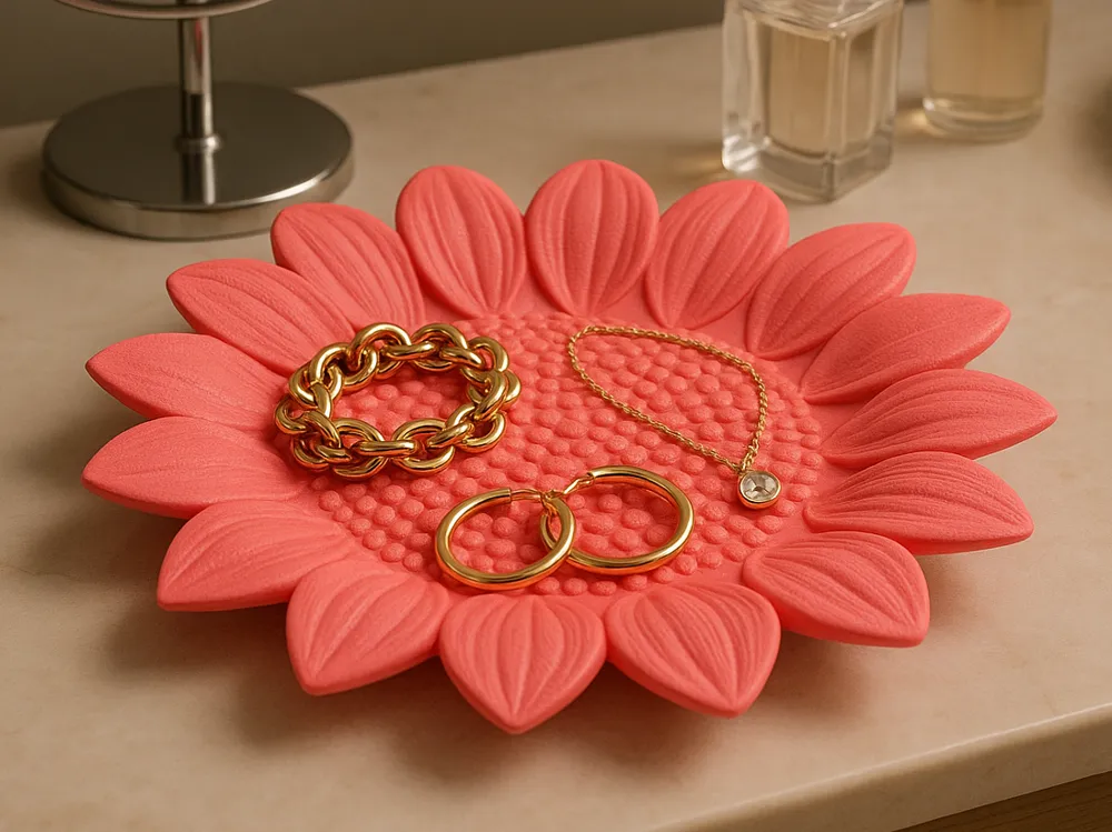 Sunflower Bloom Jewellery Tray — example colour. Includes: One finished item supplied; display accessories are excluded. Approximate dimensions (Width × Depth × Height): 1 supplied: 166.1 × 165.1 × 42.7 mm.
