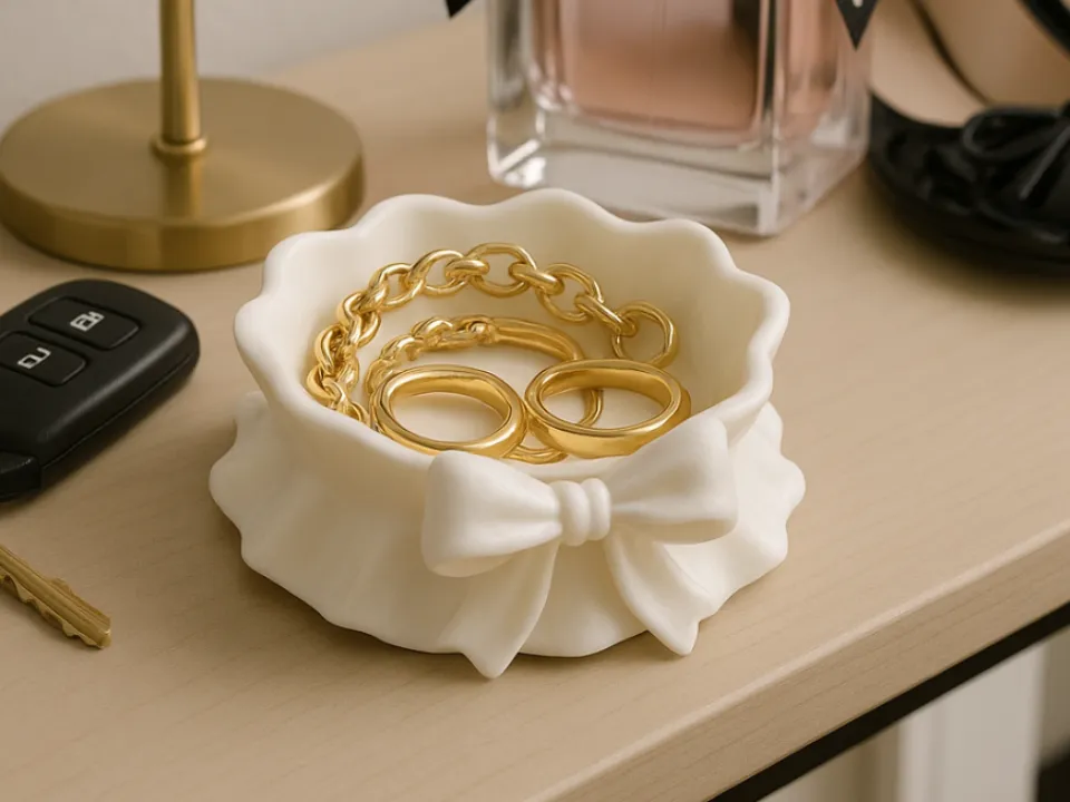 Ruffled Bow Jewellery Catchall Bowl — example colour. Includes: One finished item supplied; display accessories are excluded. Approximate dimensions (Width × Depth × Height): 1 supplied: 127.8 × 125.3 × 45.5 mm.