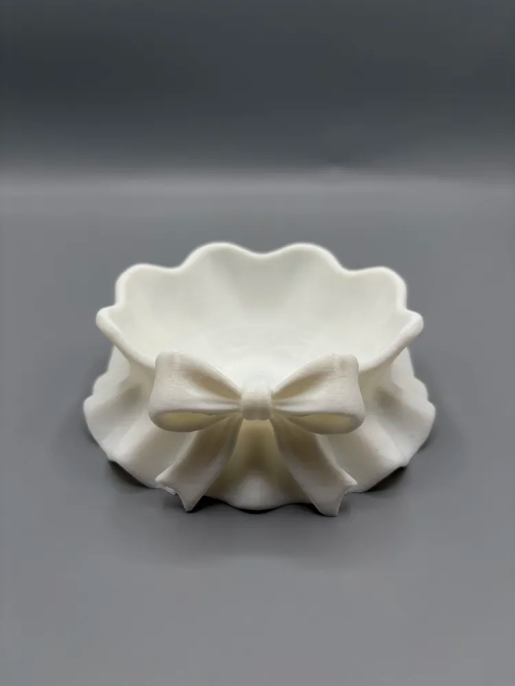 Ruffled Bow Jewellery Catchall Bowl — example colour. Includes: One finished item supplied; display accessories are excluded. Approximate dimensions (Width × Depth × Height): 1 supplied: 127.8 × 125.3 × 45.5 mm.