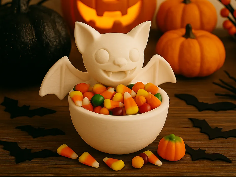 Smiling Bat Halloween Wrapped-Treat Bowl — example colour. Includes: One finished item supplied; display accessories are excluded. Approximate dimensions (Width × Depth × Height): 1 supplied: 219.1 × 150 × 167.2 mm.