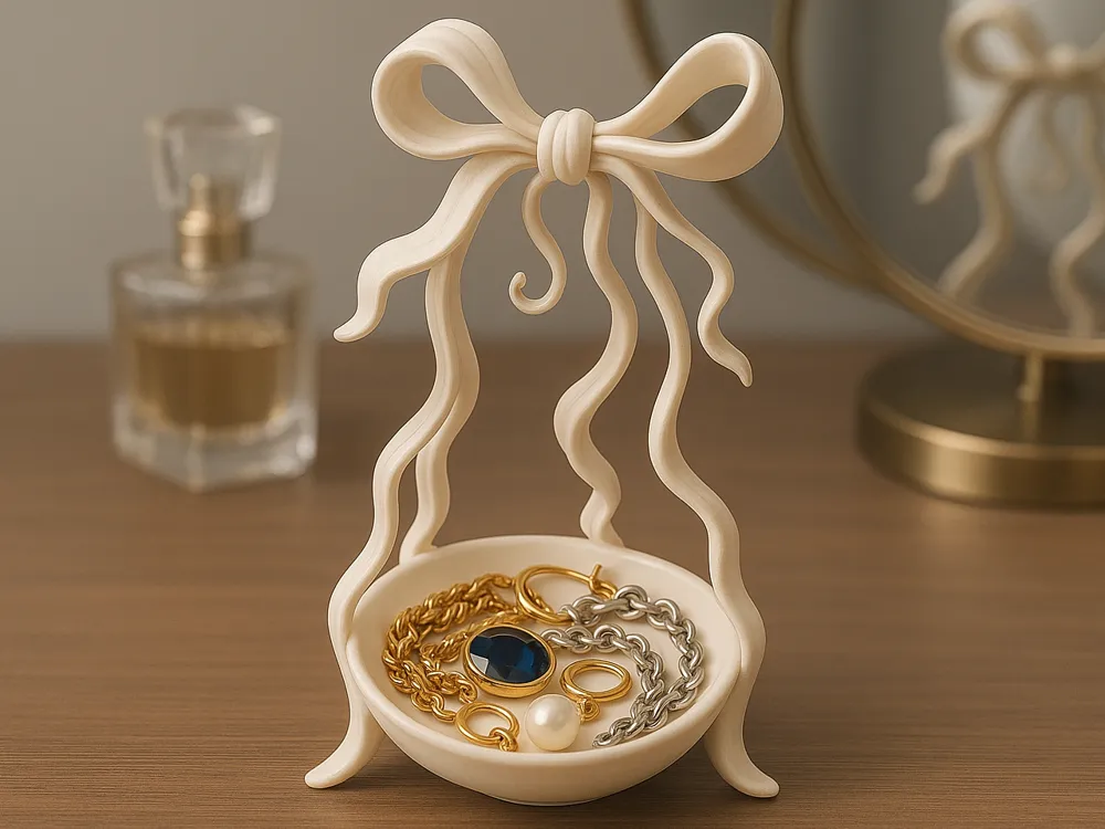 Ribbon-Leg Bow Jewellery Catchall — example colour. Includes: One finished item supplied; display accessories are excluded. Approximate dimensions (Width × Depth × Height): 1 supplied: 100.1 × 98.5 × 175.6 mm.