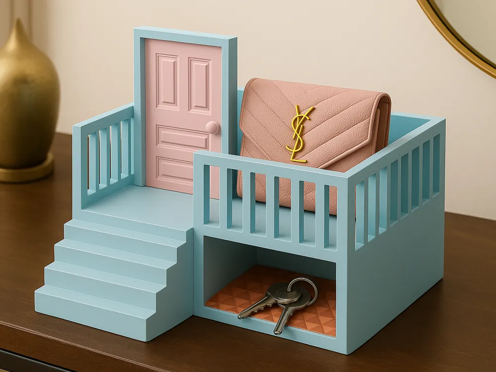 Mini House Porch Entryway Organiser — example colour. Includes: One finished item supplied; display accessories are excluded. Approximate dimensions (W × D × H): • Porch organiser main body: 152.4 × 127 × 101.6 mm. • Floor insert: 75.7 × 50.3 × 4.6 mm. • Decorative door panel: 72.5 × 50.3 × 5.6 mm.
