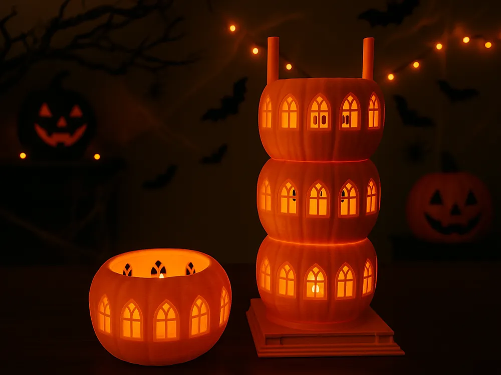 Stackable Pumpkin LED Lantern Set — example colour. Includes: Four printed stackable pumpkin LED holders and printed display stand; LED lights and other display accessories excluded. Approximate dimensions (Width × Depth × Height): 4 supplied: 78.8 × 78.7 × 45.2 mm; 1 supplied: 104.1 × 104.1 × 203.2 mm.