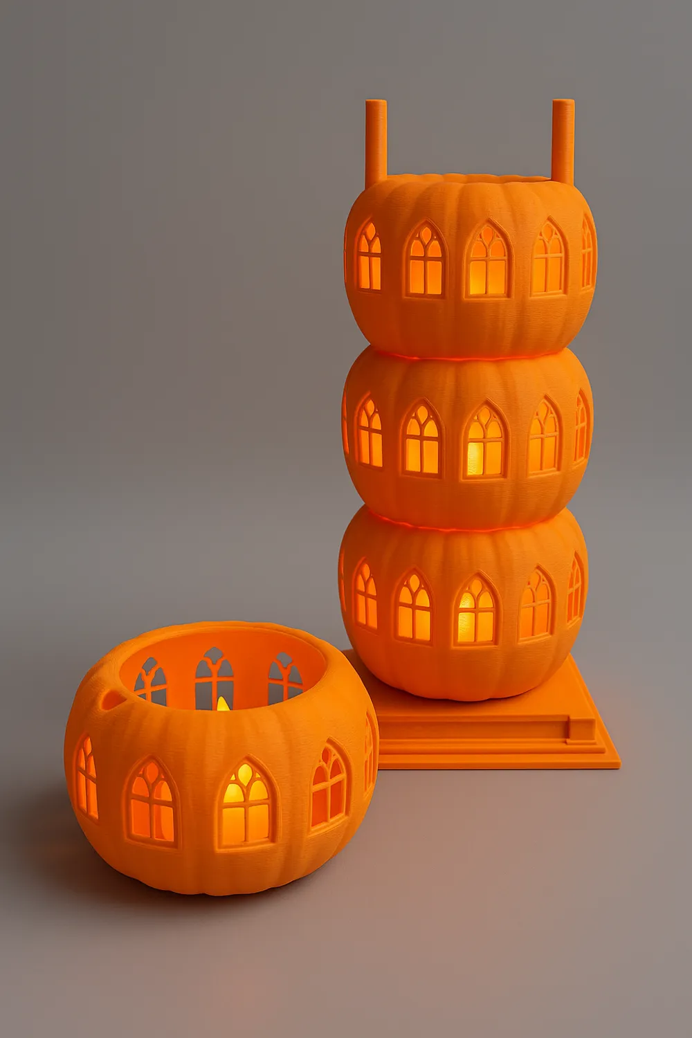 Stackable Pumpkin LED Lantern Set — example colour. Includes: Four printed stackable pumpkin LED holders and printed display stand; LED lights and other display accessories excluded. Approximate dimensions (Width × Depth × Height): 4 supplied: 78.8 × 78.7 × 45.2 mm; 1 supplied: 104.1 × 104.1 × 203.2 mm.