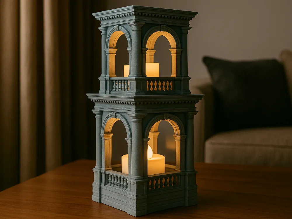 Two-Tier Gothic LED Tea Light Holder — example colour. Includes: One finished item supplied; display accessories are excluded. Approximate dimensions (W × D × H): • Lower LED-holder tier: 79.6 × 79.6 × 114.9 mm. • Upper LED-holder tier: 66.7 × 66.7 × 71.3 mm.