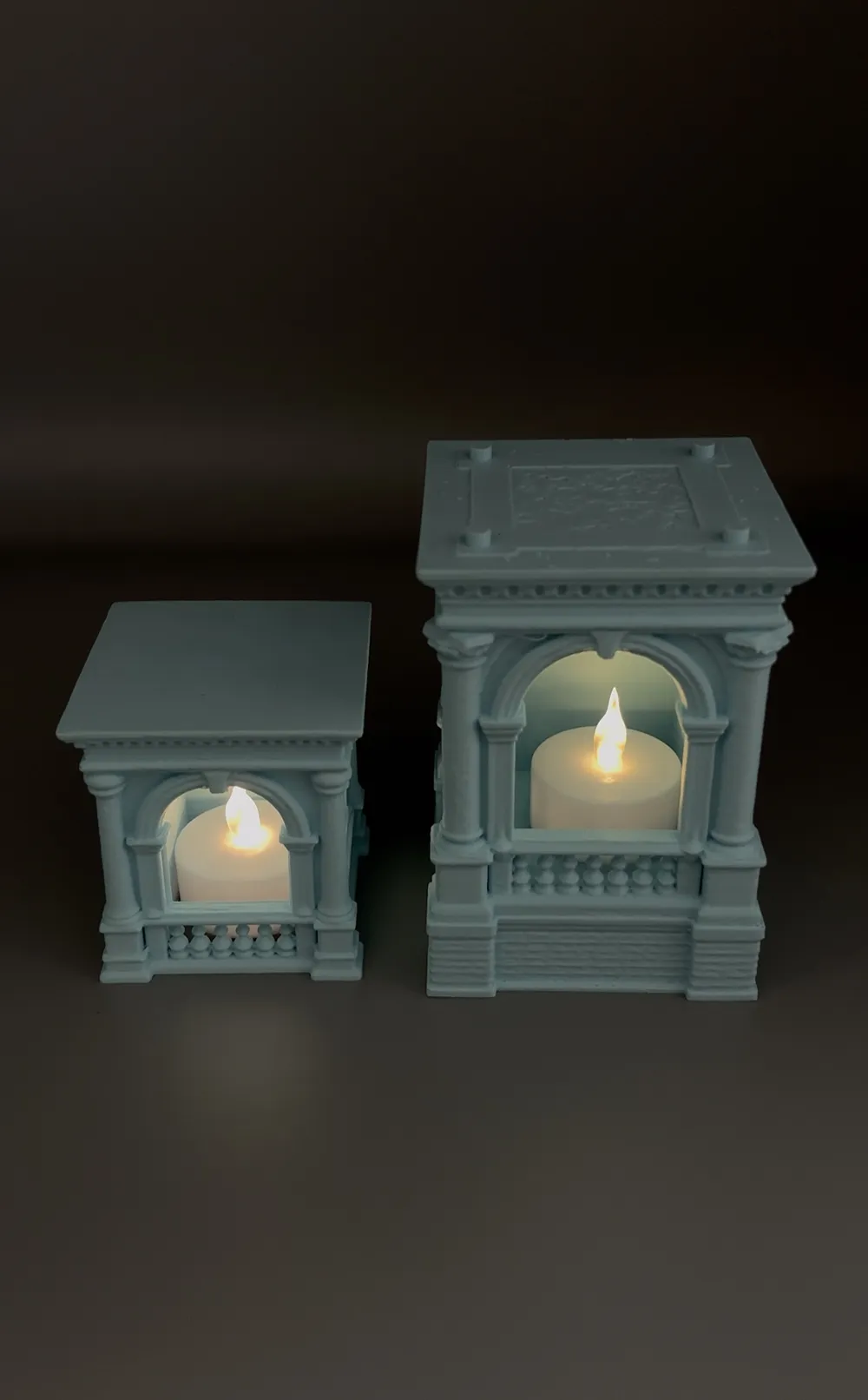 Two-Tier Gothic LED Tea Light Holder — example colour. Includes: One finished item supplied; display accessories are excluded. Approximate dimensions (W × D × H): • Lower LED-holder tier: 79.6 × 79.6 × 114.9 mm. • Upper LED-holder tier: 66.7 × 66.7 × 71.3 mm.