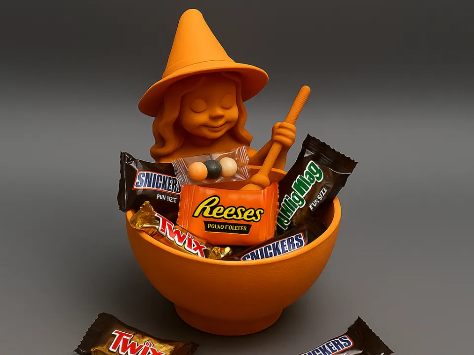 Witch & Cauldron Halloween Treat Bowl — example colour. Includes: One finished item supplied; display accessories are excluded. Approximate dimensions (Width × Depth × Height): 1 supplied: 160.6 × 129.1 × 188 mm.