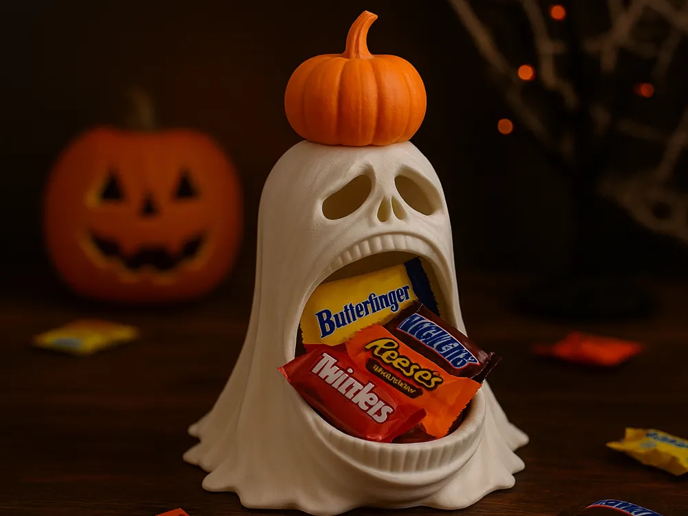 Pumpkin Hat Ghost Wrapped-Treat Bowl — example colour. Includes: One finished item supplied; display accessories are excluded. Approximate dimensions (Width × Depth × Height): 1 supplied: 178 × 167.7 × 228.6 mm.