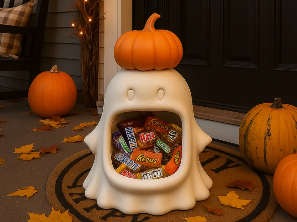 Halloween Ghost & Pumpkin Hat Display Bowl — example colour. Includes: One finished item supplied; display accessories are excluded. Approximate dimensions (Width × Depth × Height): 1 supplied: 148.8 × 146.1 × 228.6 mm.