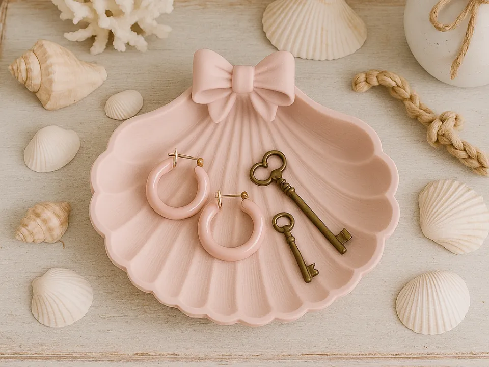 Bow-Topped Seashell Jewellery Tray — example colour. Includes: One finished item supplied; display accessories are excluded. Approximate dimensions (Width × Depth × Height): 1 supplied: 177.8 × 177.4 × 29.2 mm.