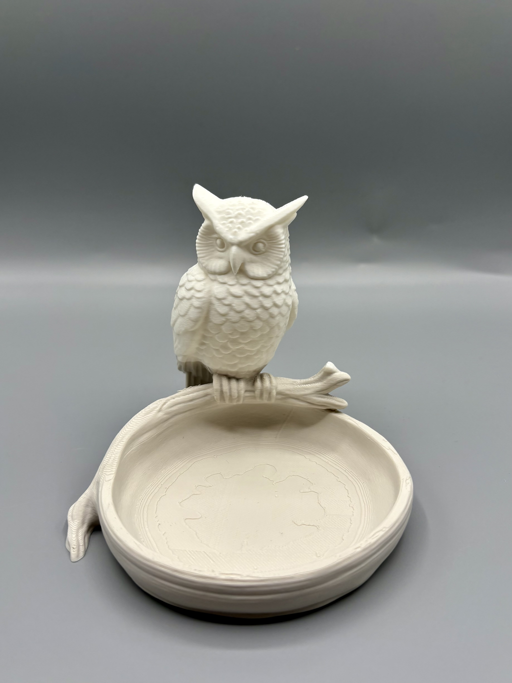 Branch-Perched Owl Catchall Tray — example colour. Includes: One finished item supplied; display accessories are excluded. Approximate dimensions (Width × Depth × Height): 1 supplied: 151.7 × 140.8 × 127 mm.