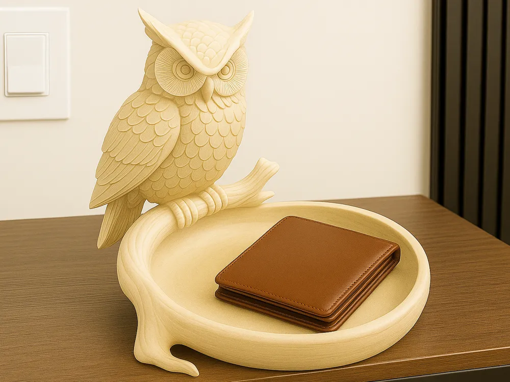 Branch-Perched Owl Catchall Tray — example colour. Includes: One finished item supplied; display accessories are excluded. Approximate dimensions (Width × Depth × Height): 1 supplied: 151.7 × 140.8 × 127 mm.