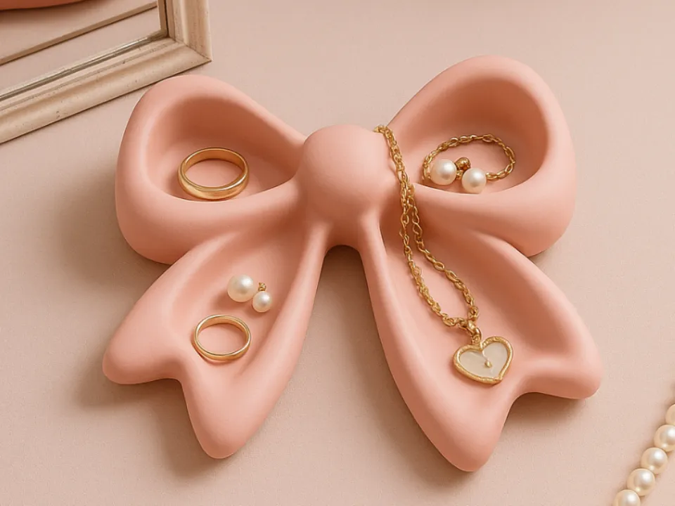 Coquette Ribbon Jewellery Tray — example colour. Includes: One finished item supplied; display accessories are excluded. Approximate dimensions (Width × Depth × Height): 1 supplied: 152.4 × 147.2 × 38.1 mm.