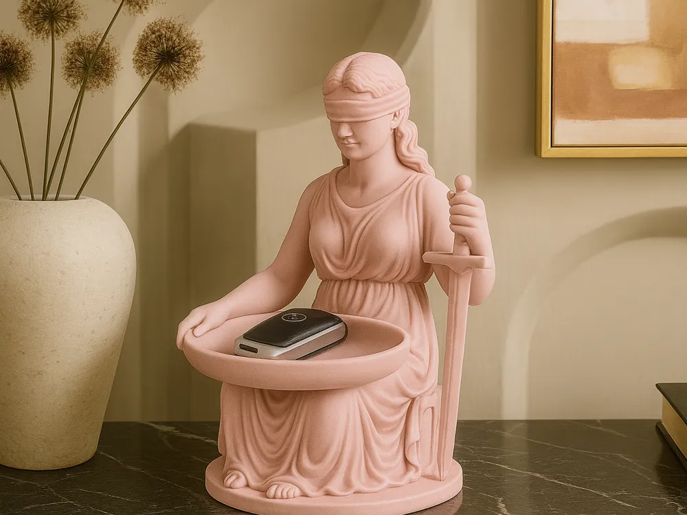 Blind Justice Sculptural Catchall Tray — example colour. Includes: One finished item supplied; display accessories are excluded. Approximate dimensions (Width × Depth × Height): 1 supplied: 118.7 × 98.2 × 176 mm.