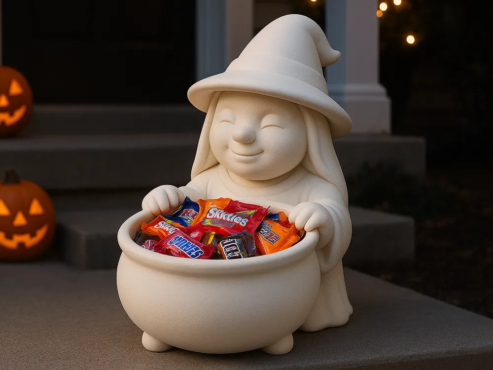 Smiling Witch & Cauldron Treat Bowl — example colour. Includes: One finished item supplied; display accessories are excluded. Approximate dimensions (Width × Depth × Height): 1 supplied: 146.9 × 90.4 × 127 mm.