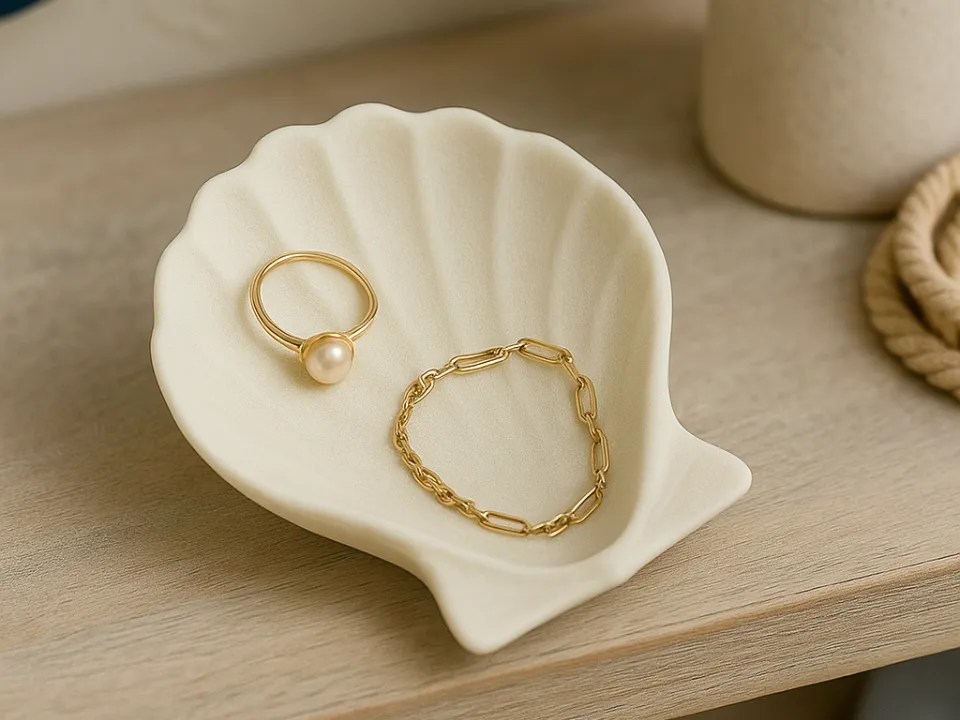 Coastal Seashell Ring & Bracelet Tray — example colour. Includes: One finished item supplied; display accessories are excluded. Approximate dimensions (Width × Depth × Height): 1 supplied: 176.5 × 156.7 × 38.1 mm.