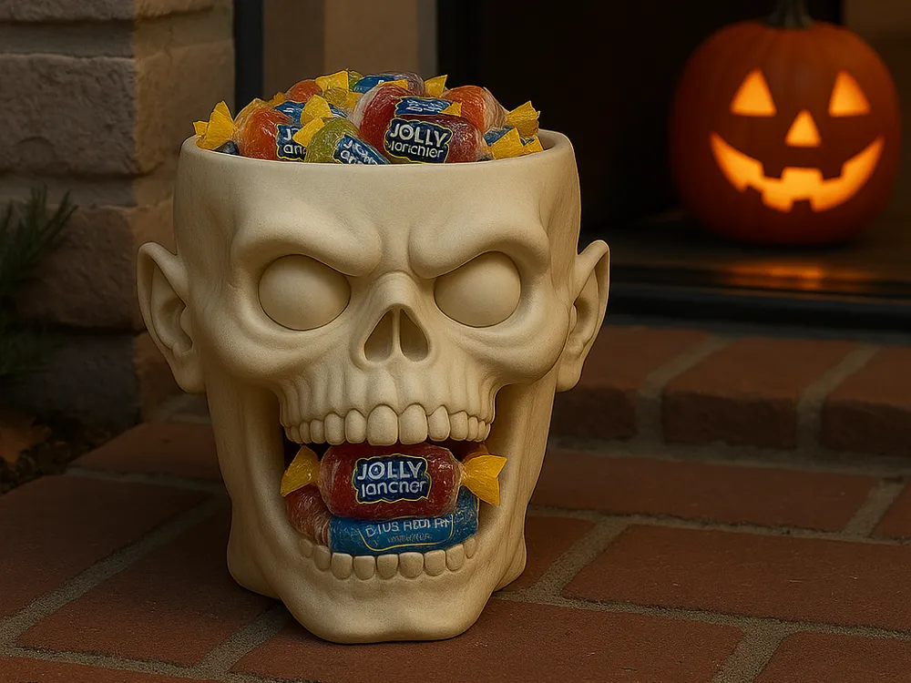 Open-Mouth Skull Halloween Treat Bowl — example colour. Includes: One finished item supplied; display accessories are excluded. Approximate dimensions (Width × Depth × Height): 1 supplied: 155.3 × 135.9 × 152.2 mm.