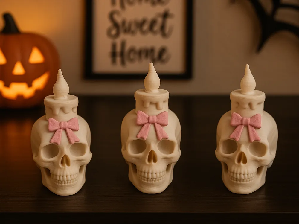 Skull Candle & Bow Decorative Figurine — example colour. Includes: One finished item supplied; display accessories are excluded. Approximate dimensions (Width × Depth × Height): 1 supplied: 36.1 × 26.3 × 50.8 mm.