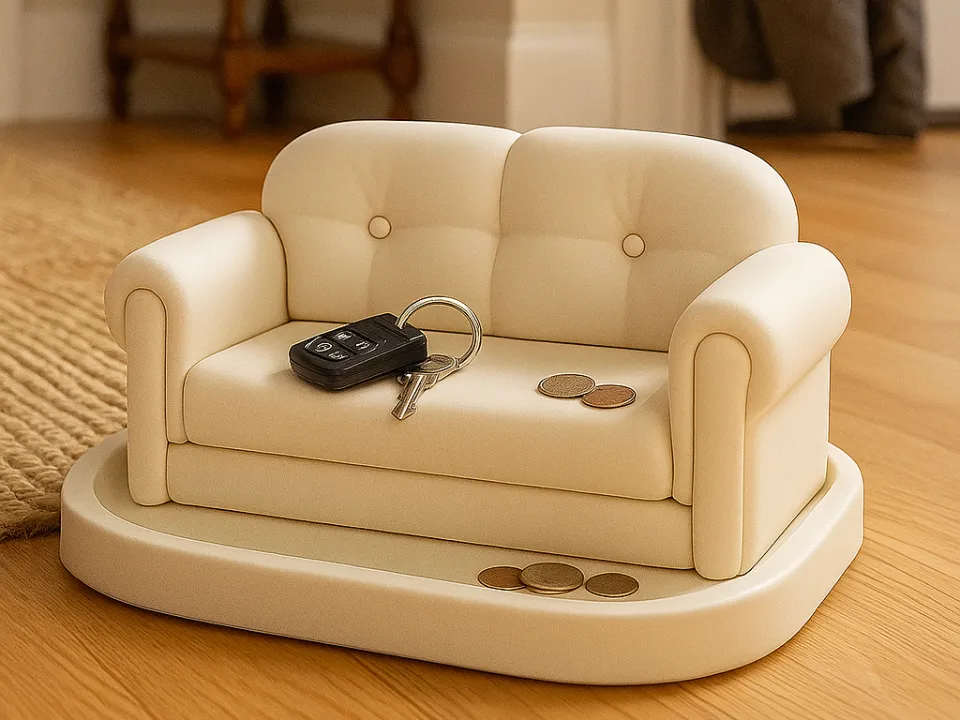 Mini Tufted Sofa Valet Tray — example colour. Includes: One finished item supplied; display accessories are excluded. Approximate dimensions (Width × Depth × Height): 1 supplied: 152.4 × 119 × 77.5 mm.