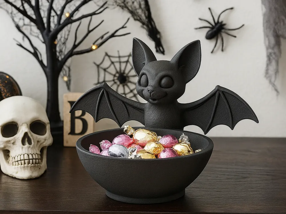 Perched Bat Halloween Treat Bowl — example colour. Includes: One finished item supplied; display accessories are excluded. Approximate dimensions (Width × Depth × Height): 1 supplied: 166.9 × 152 × 122.1 mm.