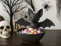 Perched Bat Halloween Treat Bowl — example colour. Includes: One finished item supplied; display accessories are excluded. Approximate dimensions (Width × Depth × Height): 1 supplied: 166.9 × 152 × 122.1 mm.
