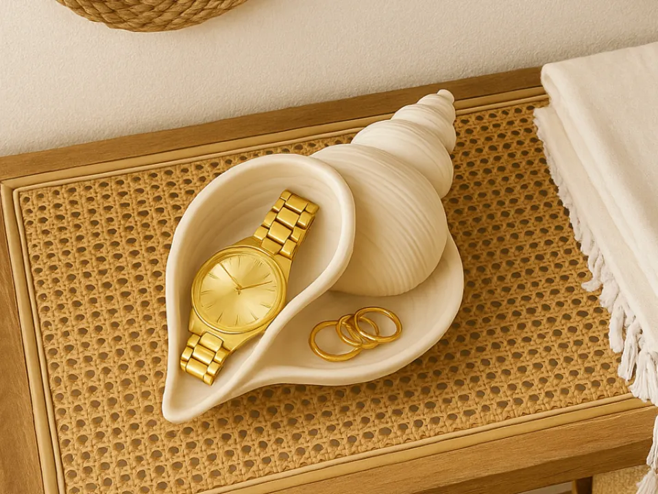 Seashell Entryway Jewellery Catchall — example colour. Includes: One finished item supplied; display accessories are excluded. Approximate dimensions (Width × Depth × Height): 1 supplied: 150.9 × 111.8 × 55.2 mm.