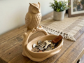 Branch-Perched Owl Entryway Bowl — example colour. Includes: One finished item supplied; display accessories are excluded. Approximate dimensions (Width × Depth × Height): 1 supplied: 153.7 × 153.6 × 177.8 mm.