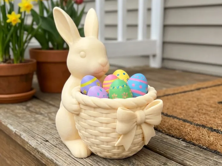 Easter Bunny & Ribbon Bow Basket — example colour. Includes: One finished item supplied; display accessories are excluded. Approximate dimensions (Width × Depth × Height): 1 supplied: 159.4 × 116.5 × 182.9 mm.