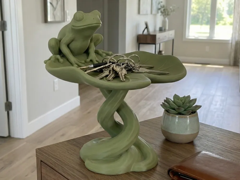 Frog & Lily Pad Key Catchall Tray — example colour. Includes: One finished item supplied; display accessories are excluded. Approximate dimensions (Width × Depth × Height): 1 supplied: 133.2 × 127 × 158.7 mm.