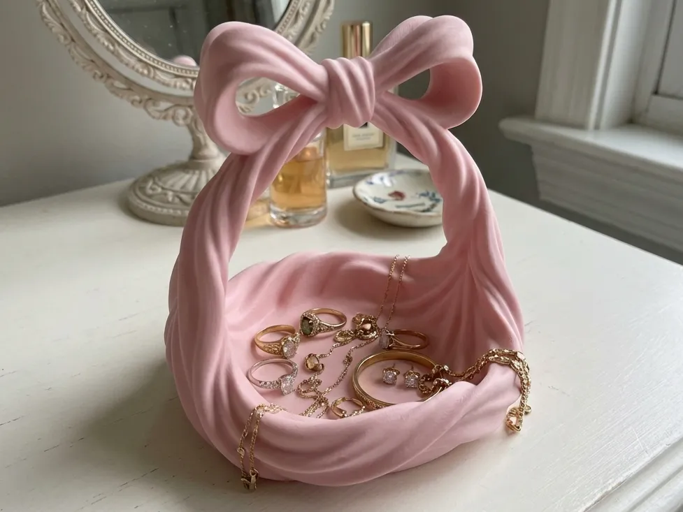 Draped Bow Jewellery Basket & Stand — example colour. Includes: One finished item supplied; display accessories are excluded. Approximate dimensions (Width × Depth × Height): 1 supplied: 153.6 × 152.4 × 165.1 mm.