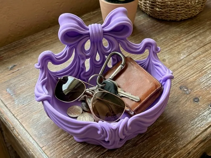 Flowing Ribbon Bow Catchall Basket — example colour. Includes: One finished item supplied; display accessories are excluded. Approximate dimensions (Width × Depth × Height): 1 supplied: 165.1 × 133.9 × 126.9 mm.