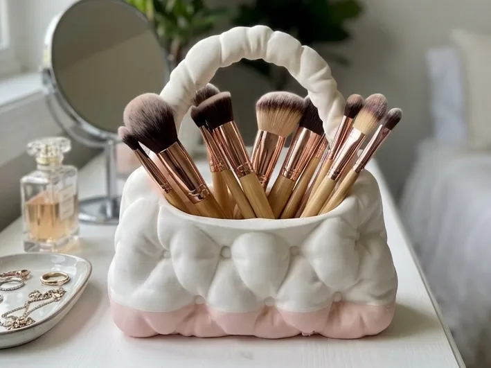 Quilted Handbag Brush & Desk Organiser — example colour. Includes: One finished item supplied; display accessories are excluded. Approximate dimensions (Width × Depth × Height): 1 supplied: 177.8 × 103.8 × 166.1 mm.