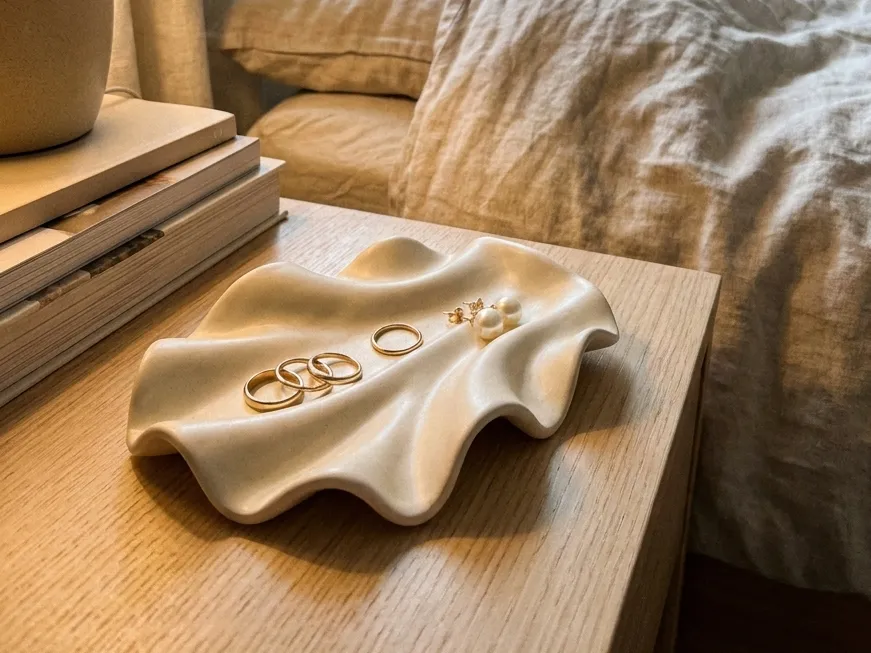 Organic Wavy Scalloped Jewellery Tray — example colour. Includes: One finished item supplied; display accessories are excluded. Approximate dimensions (Width × Depth × Height): 1 supplied: 152.4 × 127.8 × 21.2 mm.