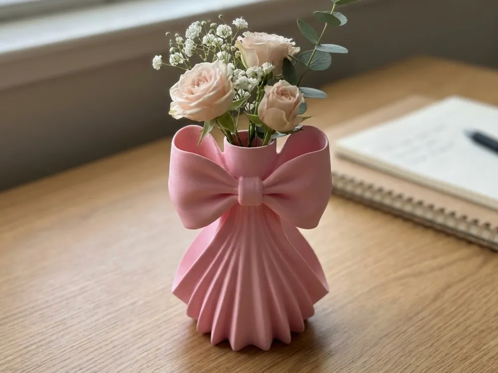 Pleated Bow Decorative Bud Vase — example colour. Includes: One finished item supplied; display accessories are excluded. Approximate dimensions (Width × Depth × Height): 1 supplied: 141.8 × 118.1 × 177.8 mm.