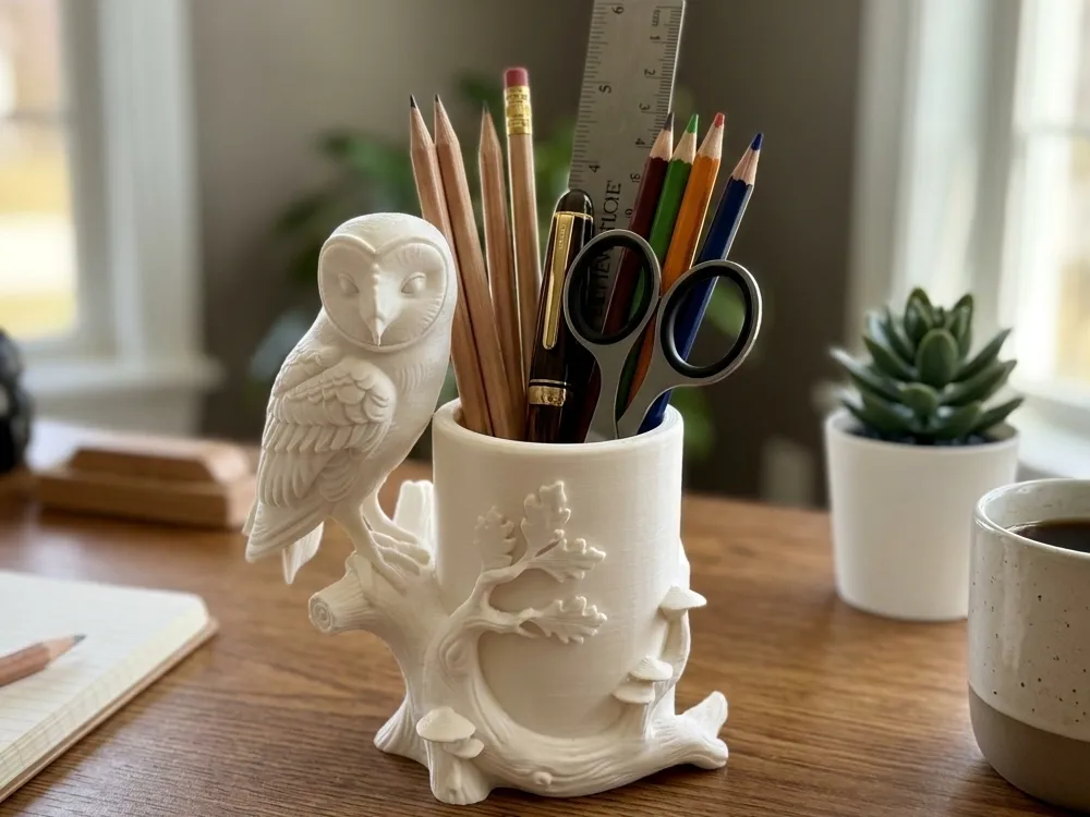 Owl & Tree Stump Desk Organiser — example colour. Includes: One finished item supplied; display accessories are excluded. Approximate dimensions (Width × Depth × Height): 1 supplied: 177.1 × 101.5 × 177.8 mm.